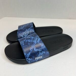 Victorias Secret Pink Womens Sz 9 Black/Blue Single Strap Slides Flip Flop NWOT